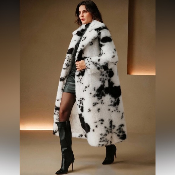 Luxury faux fur long jacket cow print western luxe glam coat white brown - Picture 5 of 7